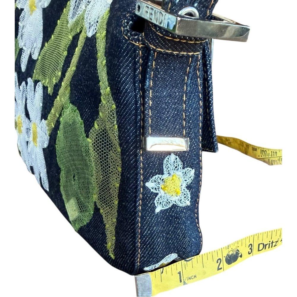 Vintage Fendi Daisy Embroidered Denim Baguette Flower Mesh Appliqué Y2K Bag - Picture 8 of 16